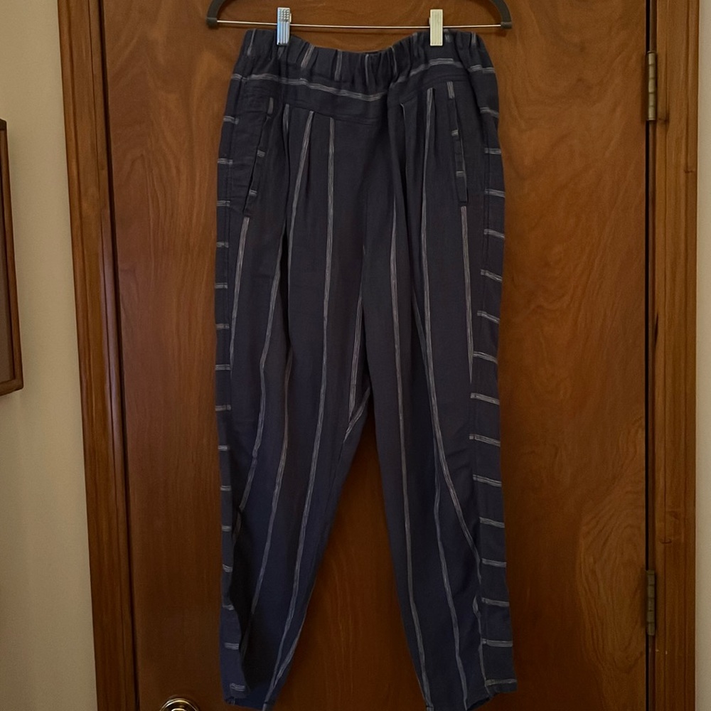Pull on blue and white striped pants